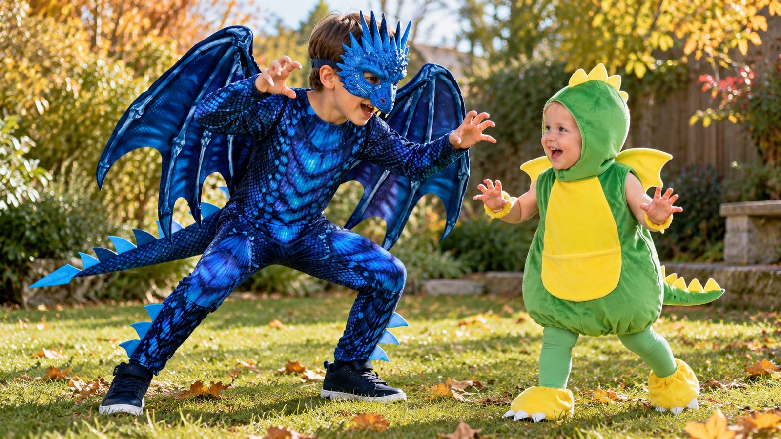 An older child in a blue dragon jumpsuit with wings and a spiked mask playing with a toddler sibling in a green dragon hatchling tabard in an autumn garden