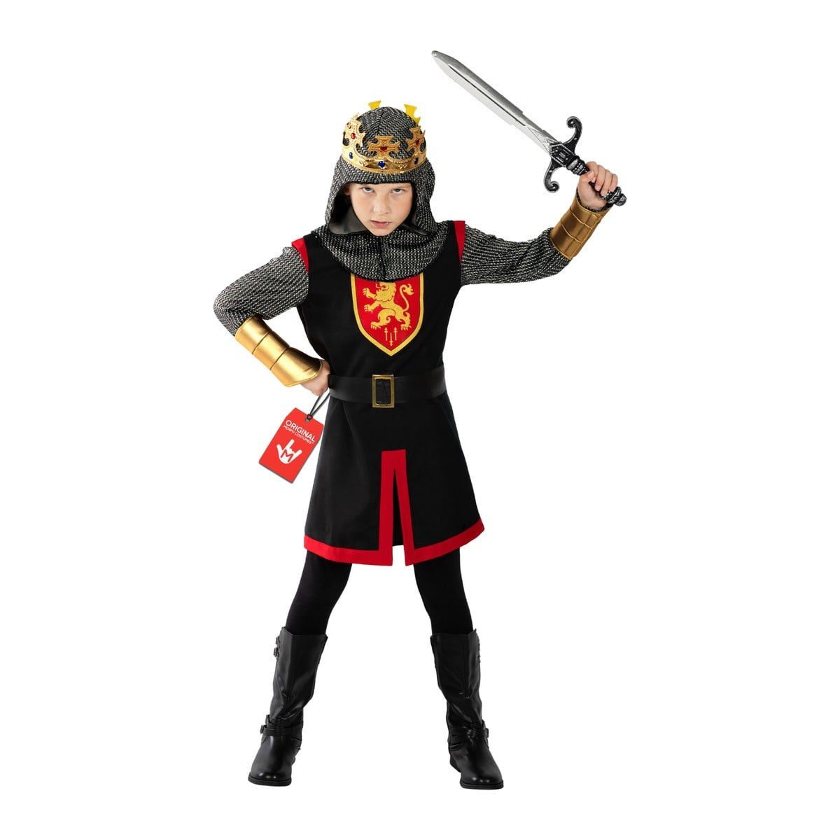 Child in the Boys King Knight costume, a grey chainmail-effect hood, a black red-trimmed tunic with a red and gold lion crest, a gold crown and gold gauntlet cuffs