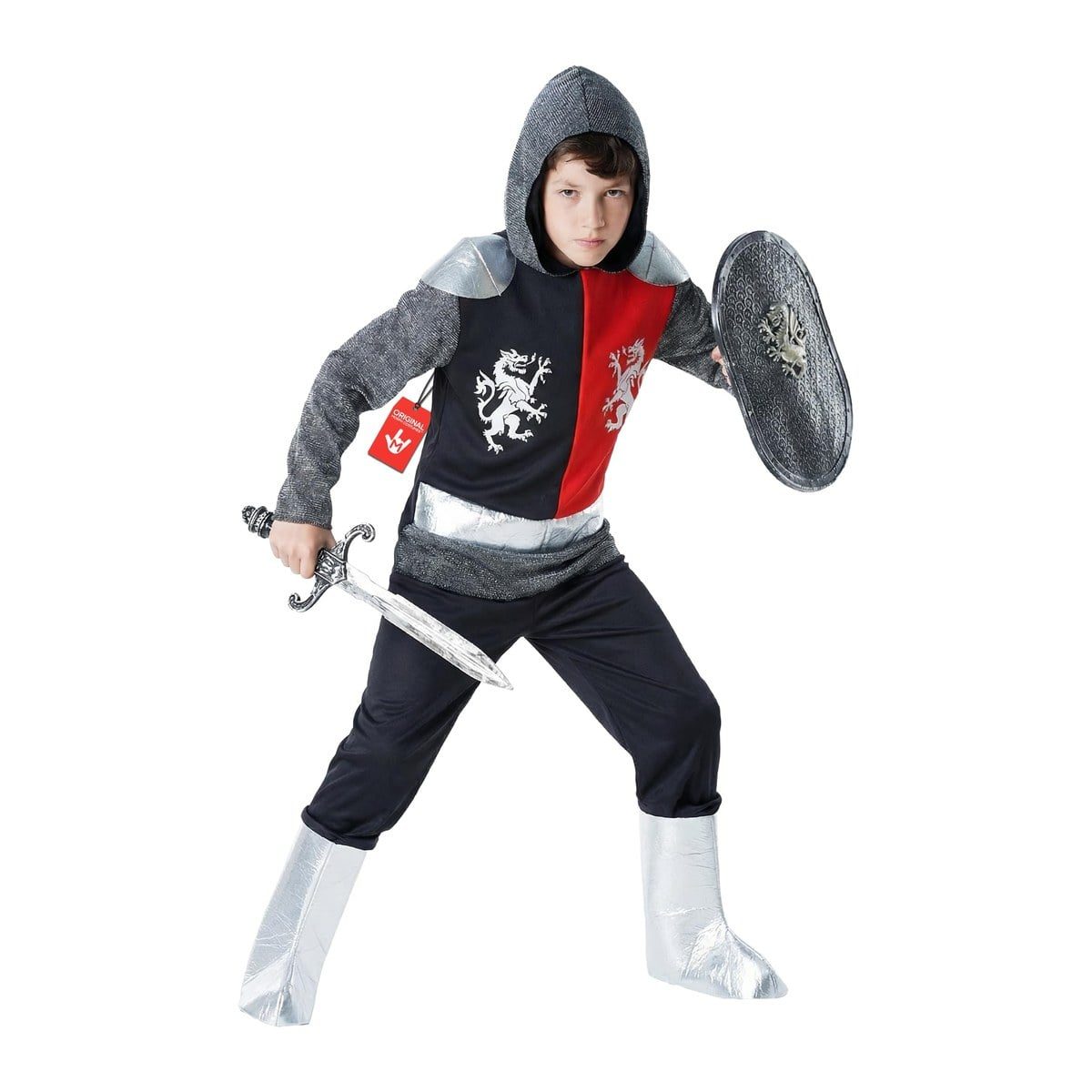 Boy in the Boys Medieval Knight costume, a grey chainmail-effect hood and sleeves, a black and red tabard with white dragon crests, silver boot covers, a sword and an oval shield