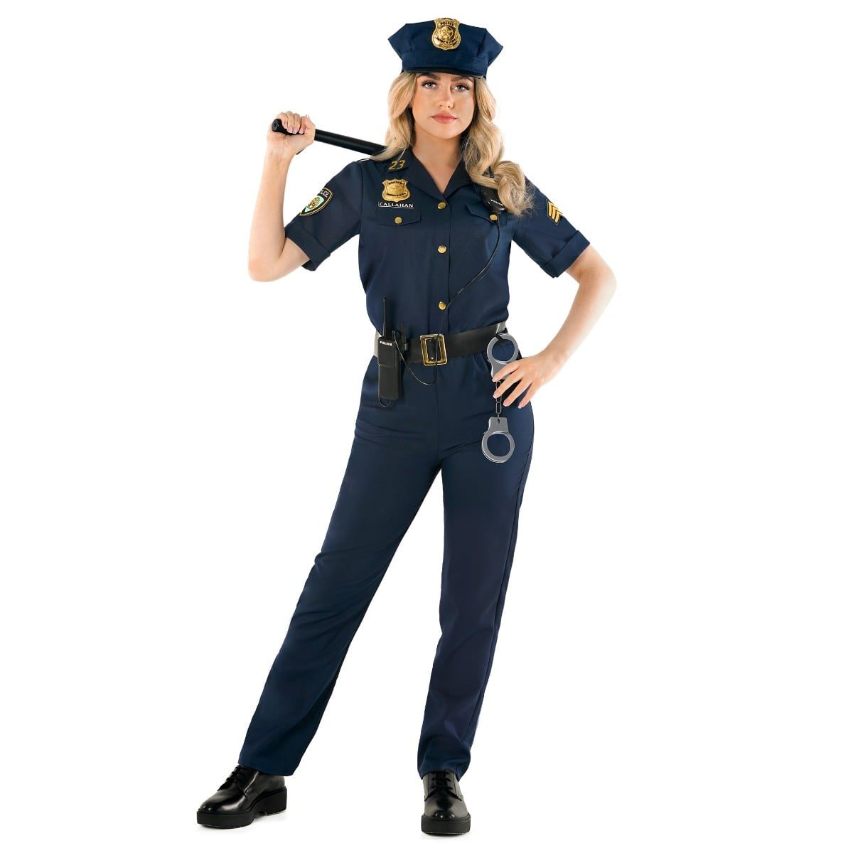 Womens USA Police Sergeant costume: navy blue short-sleeve shirt with a gold badge and sergeant sleeve stripes, matching navy trousers, a peaked cap, a black belt with a holster and silver prop handcuffs clipped on, and black ankle boots