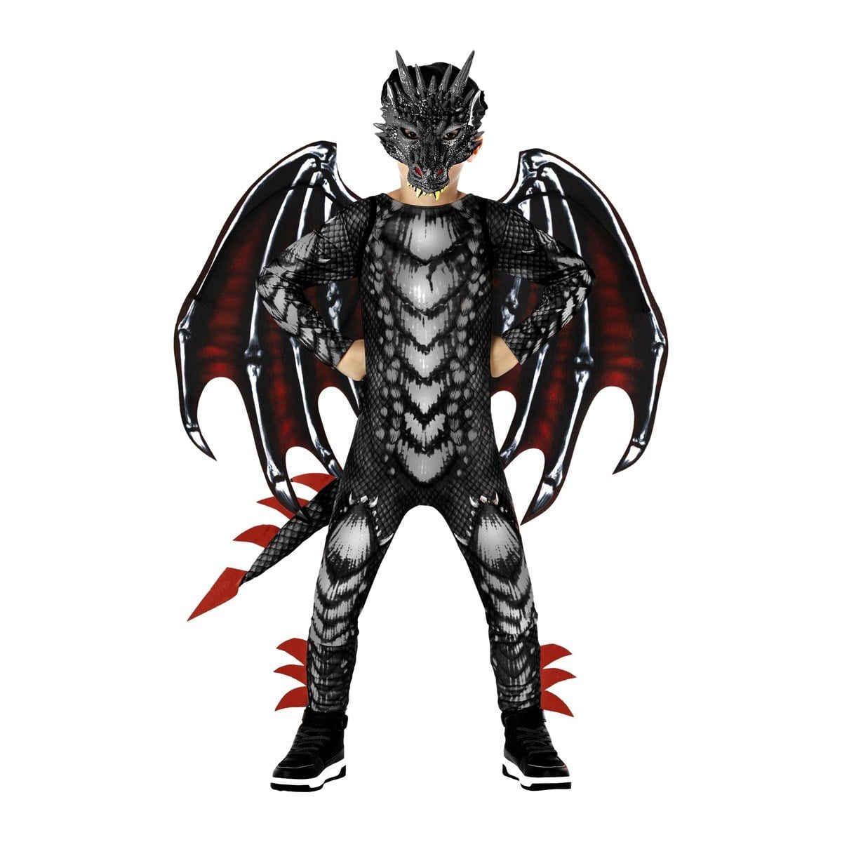 Child in the Dragon Jumpsuit Black Red Boys, a black and silver scale-print jumpsuit with a spiked black half-face mask, black wings with red membranes and a red-spiked tail