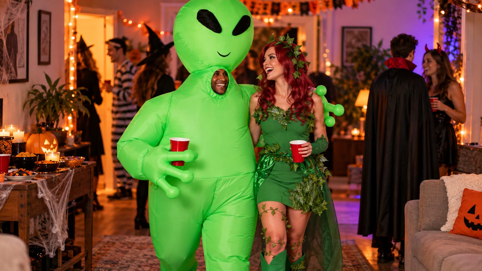A couple at a Halloween party, one wearing a full inflatable costume and the other in a detailed villain-style outfit, standing together despite the different level of effort in each look