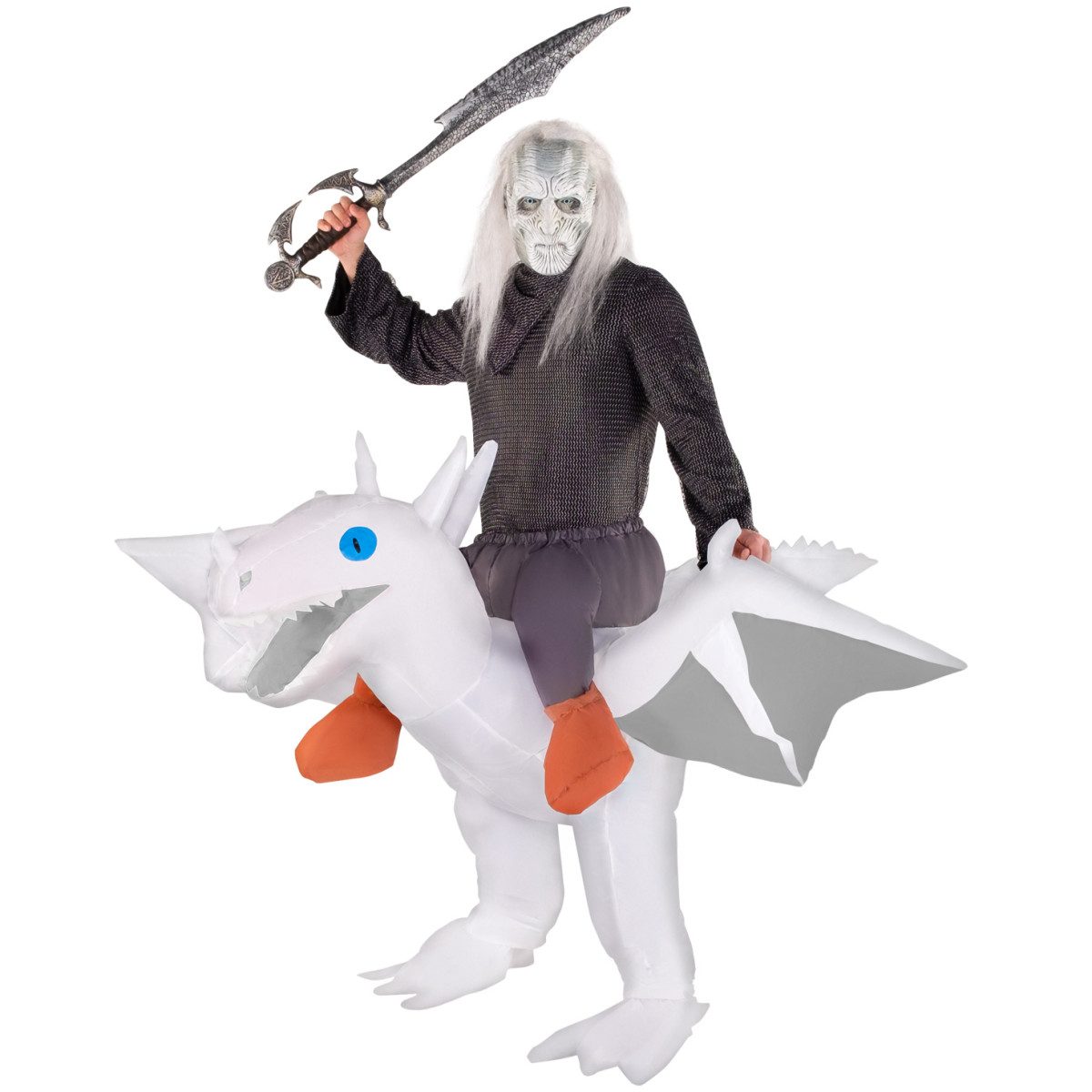 White Ride On Dragon Inflatable Costume: white inflatable dragon suit with a built-in fan, giving the illusion of riding the dragon