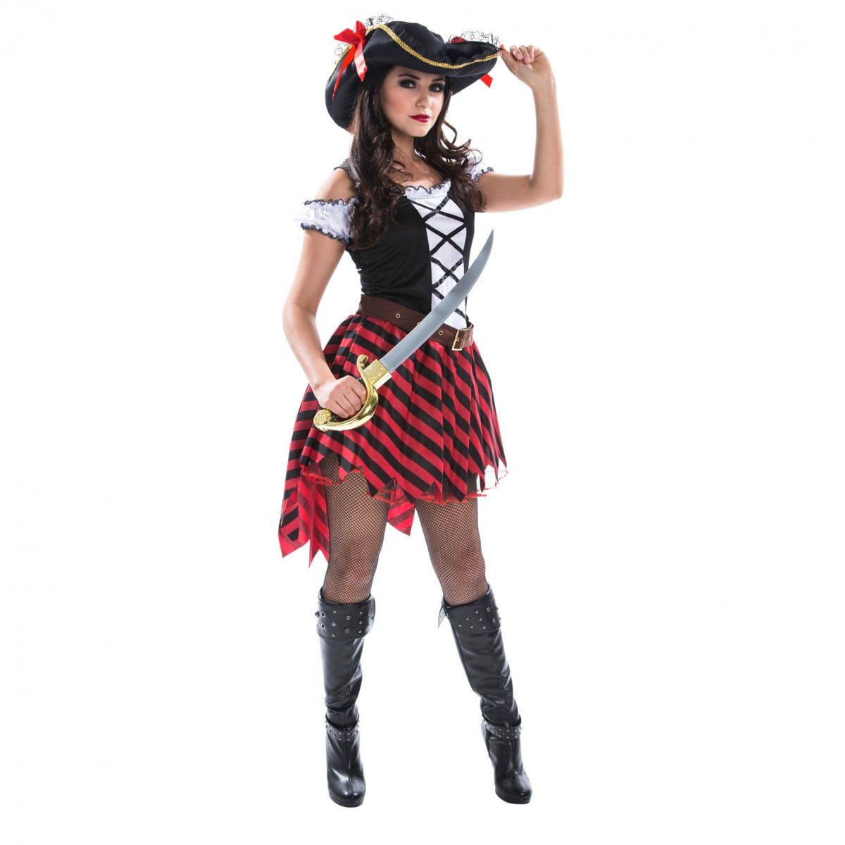 Womens Pirate Costume: white and black corset-style dress with an attached red and black striped skirt, worn with a pirate hat and a brown belt
