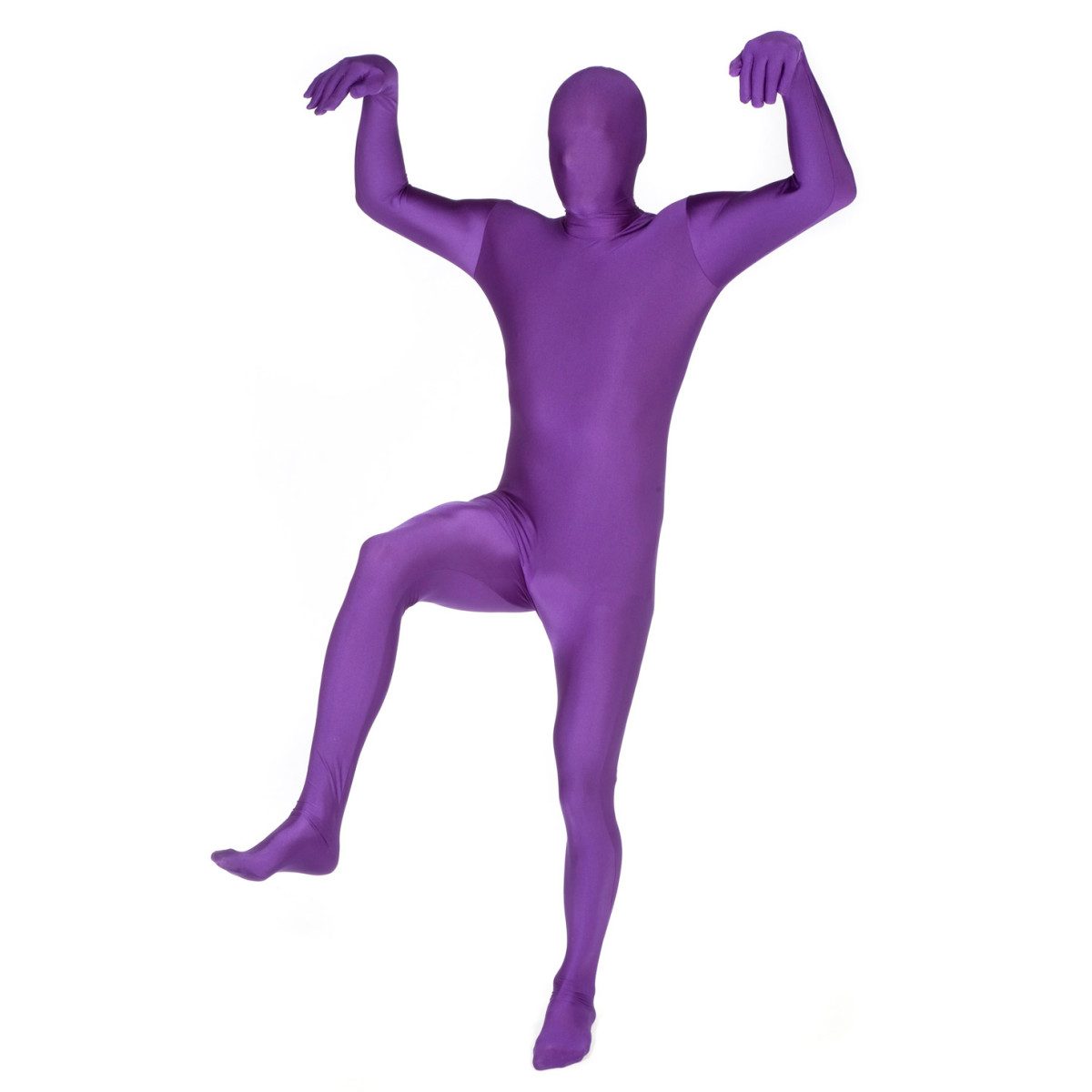 Mens Purple Morphsuit costume: a solid vivid purple full-body suit with a double zip down the back and a discreet logo on the lower back