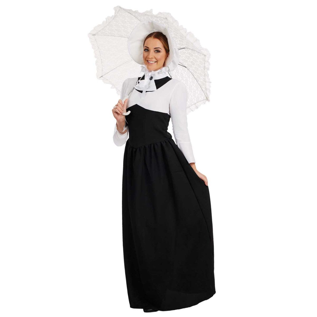 Womens Victorian Costume: long black and white Victorian-style dress worn with a white frill bonnet