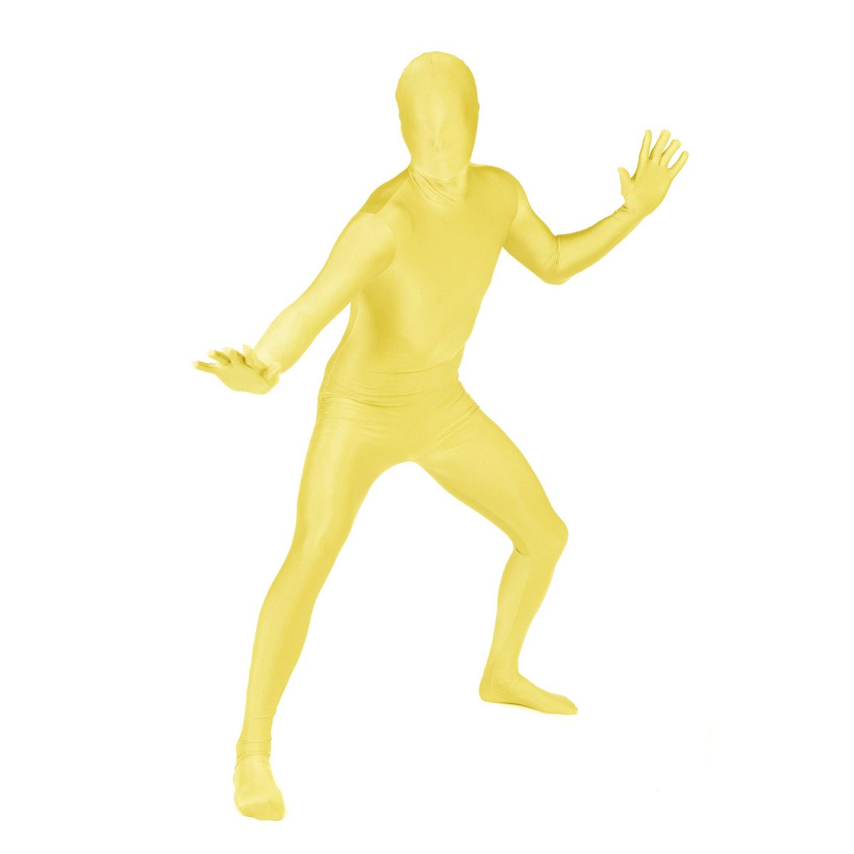 Mens Yellow Morphsuit costume: a solid bright yellow full-body suit with a double zip and a discreet logo on the lower back
