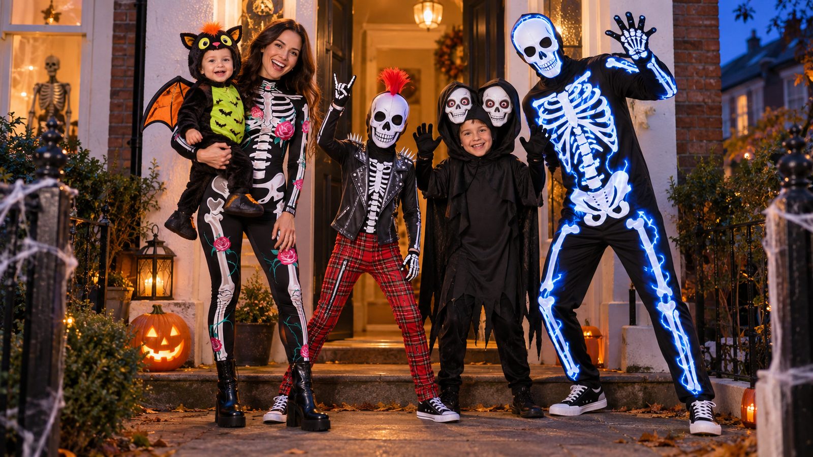 A family of five on their doorstep at Halloween in matching skeleton-themed costumes, including a two-headed ghoul robe and a plush bat costume for the toddler