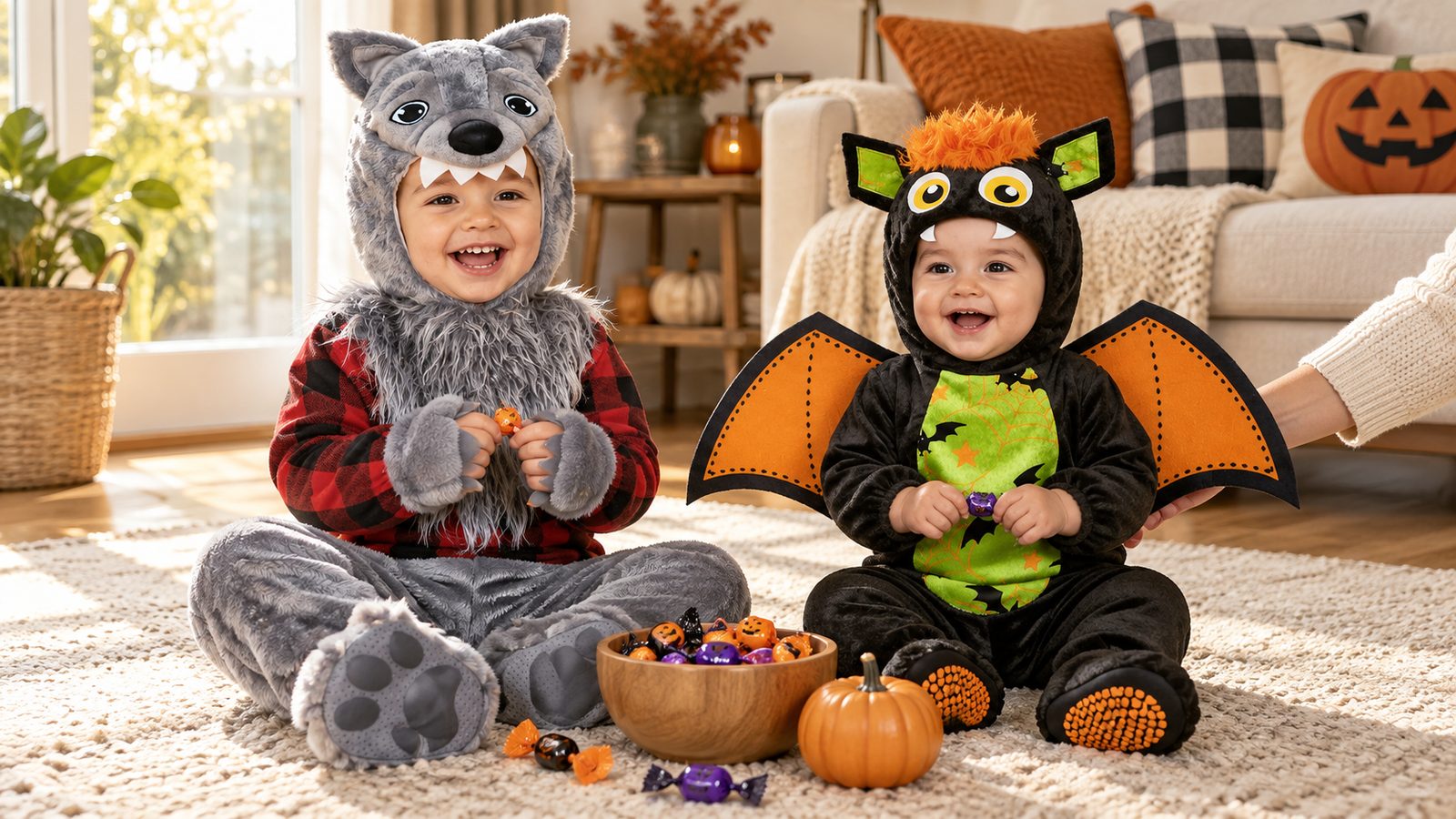 Two toddlers in a werewolf cub costume and a plush bat costume on a living-room rug with a bowl of sweets