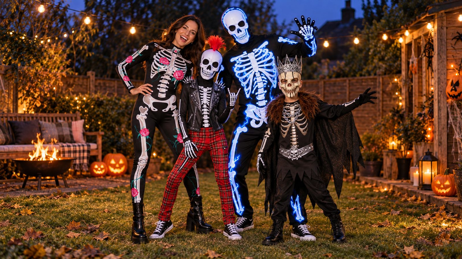 A family of four in skeleton costumes in a garden at dusk: a rose-print skeleton bodysuit, an electric-blue skeleton jumpsuit, a punk skeleton suit with a red mohawk and a dark skeleton king with crown and cape