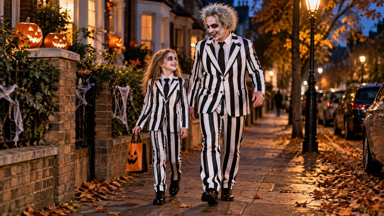 A father and daughter in matching black and white striped suits with black ties walking along a street at dusk