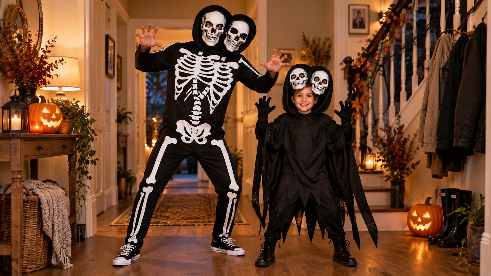 A father in a two-headed skeleton jumpsuit and his son in a two-headed ghoul robe standing together in a hallway, both laughing