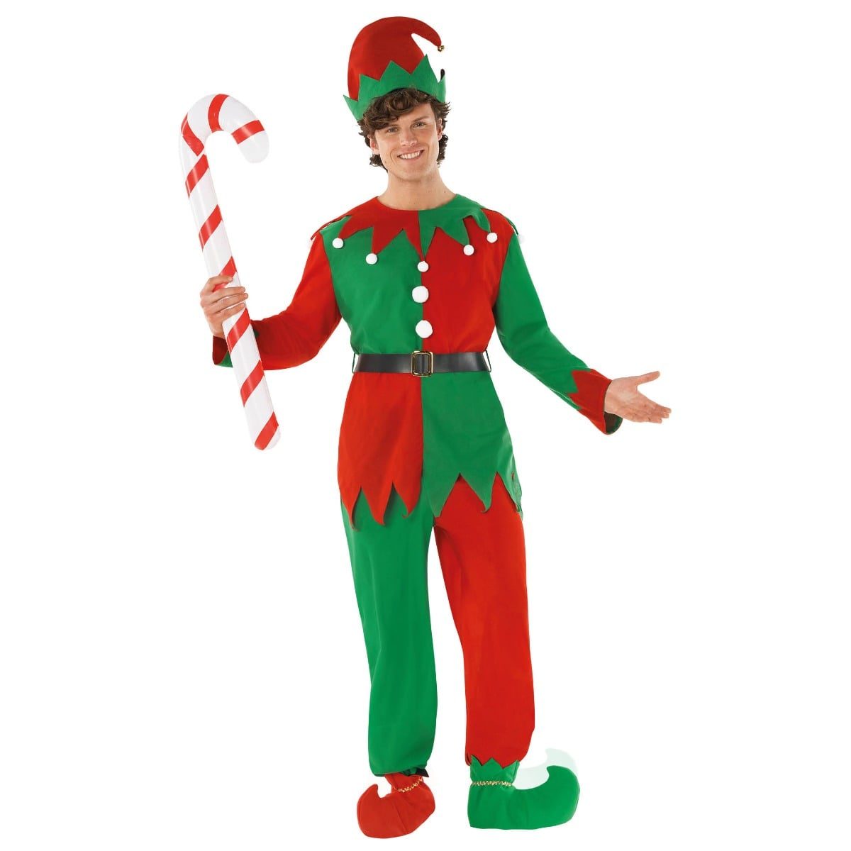 Mens Christmas Harlequin Elf Costume: red and green split harlequin top with a jagged collar and white pom-pom buttons, matching split trousers, a black buckled belt, a red and green bell-topped hat and curled-toe boot covers