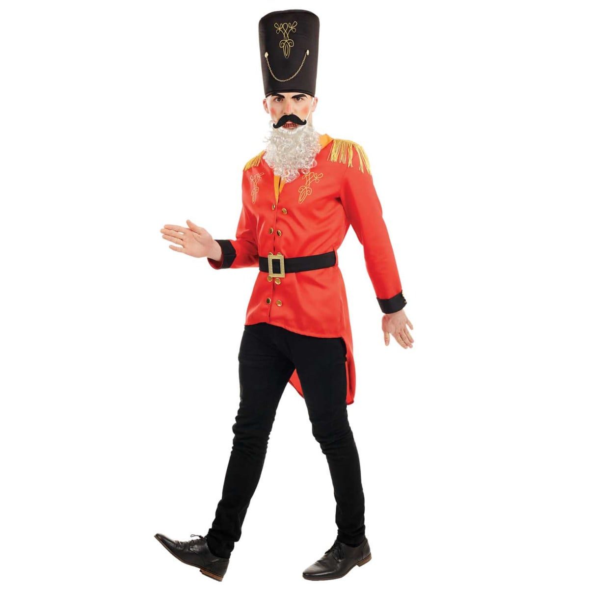 Mens Festive Toy Soldier Costume: red tailcoat-style jacket with gold fringe epaulettes and gold scroll braid trim, a black belt with a gold buckle, a tall black hat with a gold chain, and a white curly beard with a black moustache