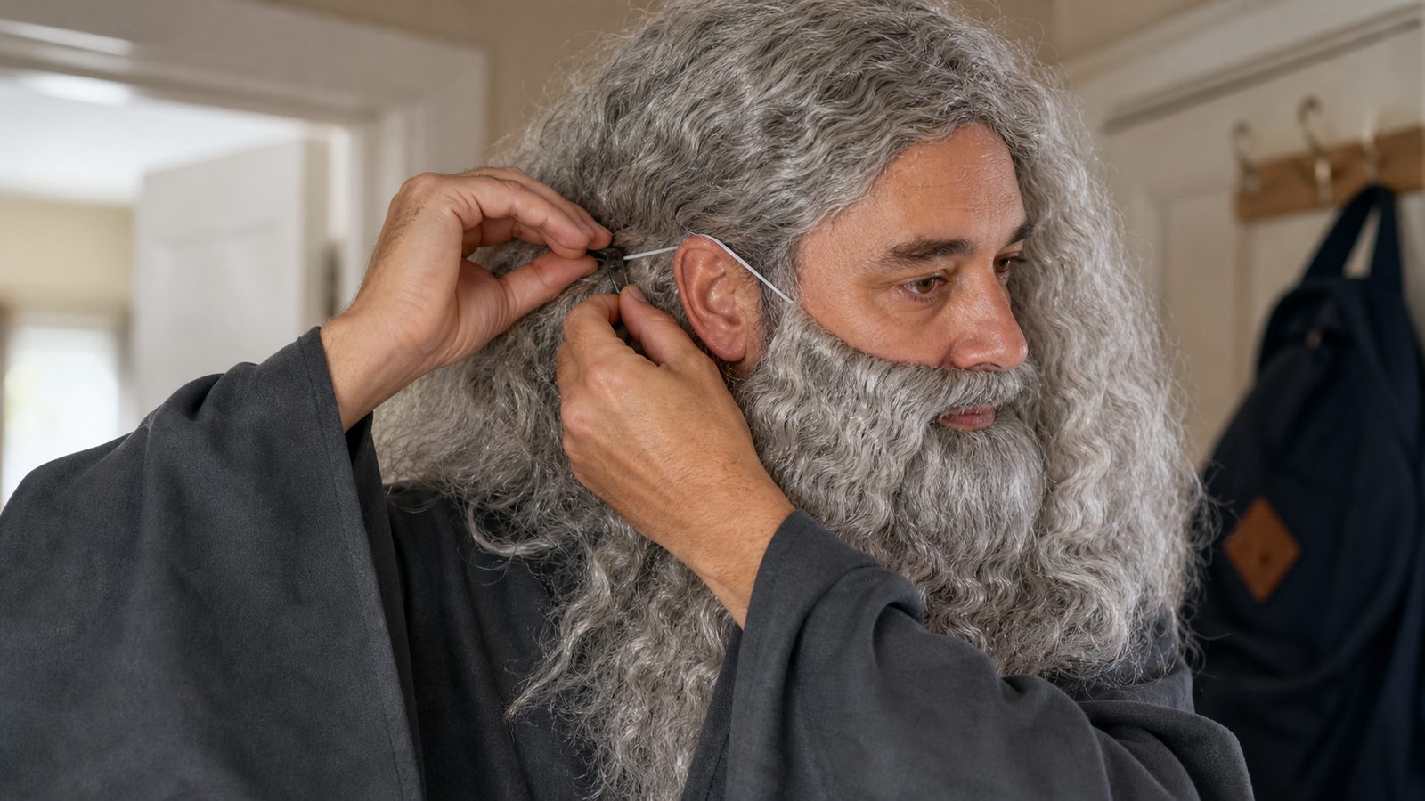Close-up of a man in a grey wizard beard and wig, hands behind his head clipping the beard's elastic strap in place to take the pressure off his ears, in an ordinary hallway before leaving for school