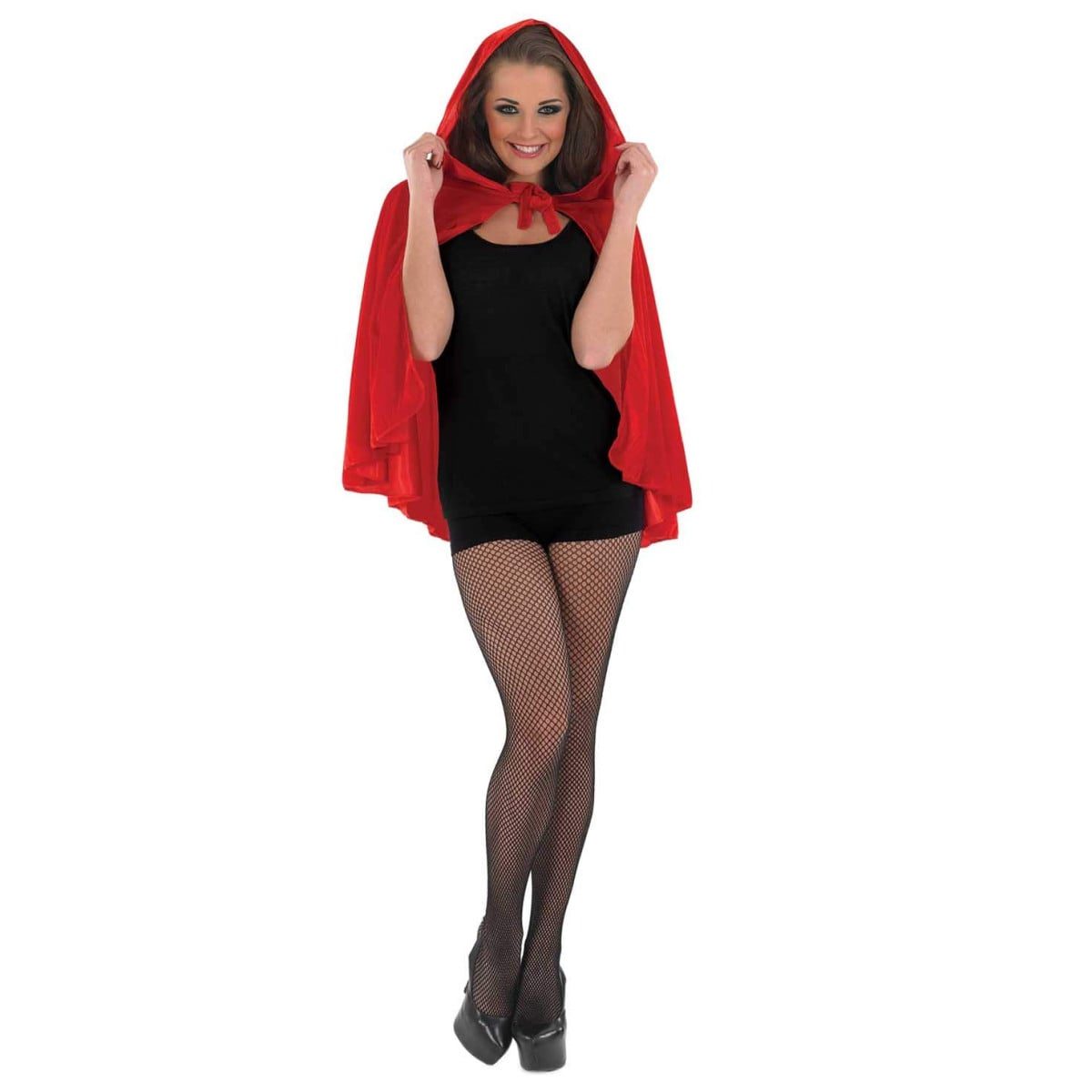 Woman wearing a vivid red hooded cape with the hood up framing her face, the satin-sheen fabric draped to mid-thigh and gathered closed at the front