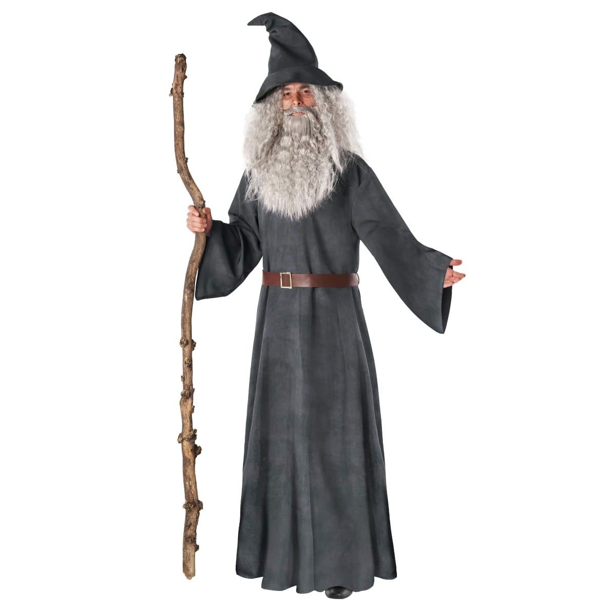 Man wearing a floor-length grey wizard robe with wide bell sleeves, a tall pointed grey hat, a curly grey wig, a full grey beard and moustache, and a brown belt with a silver buckle