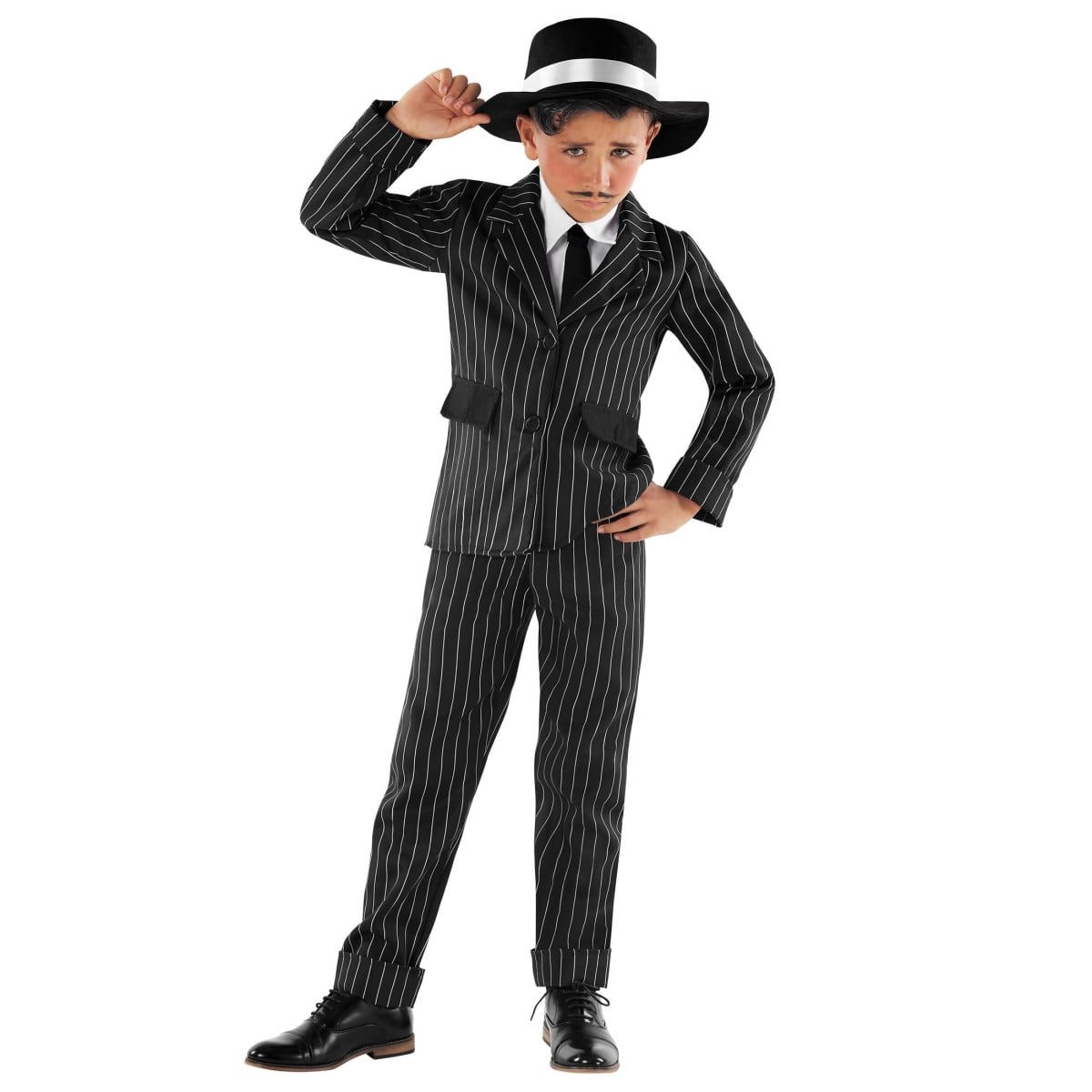 Kids Little Gangster costume, black and white pinstripe jacket and trousers, white shirt front with a black tie and a black hat with a white band