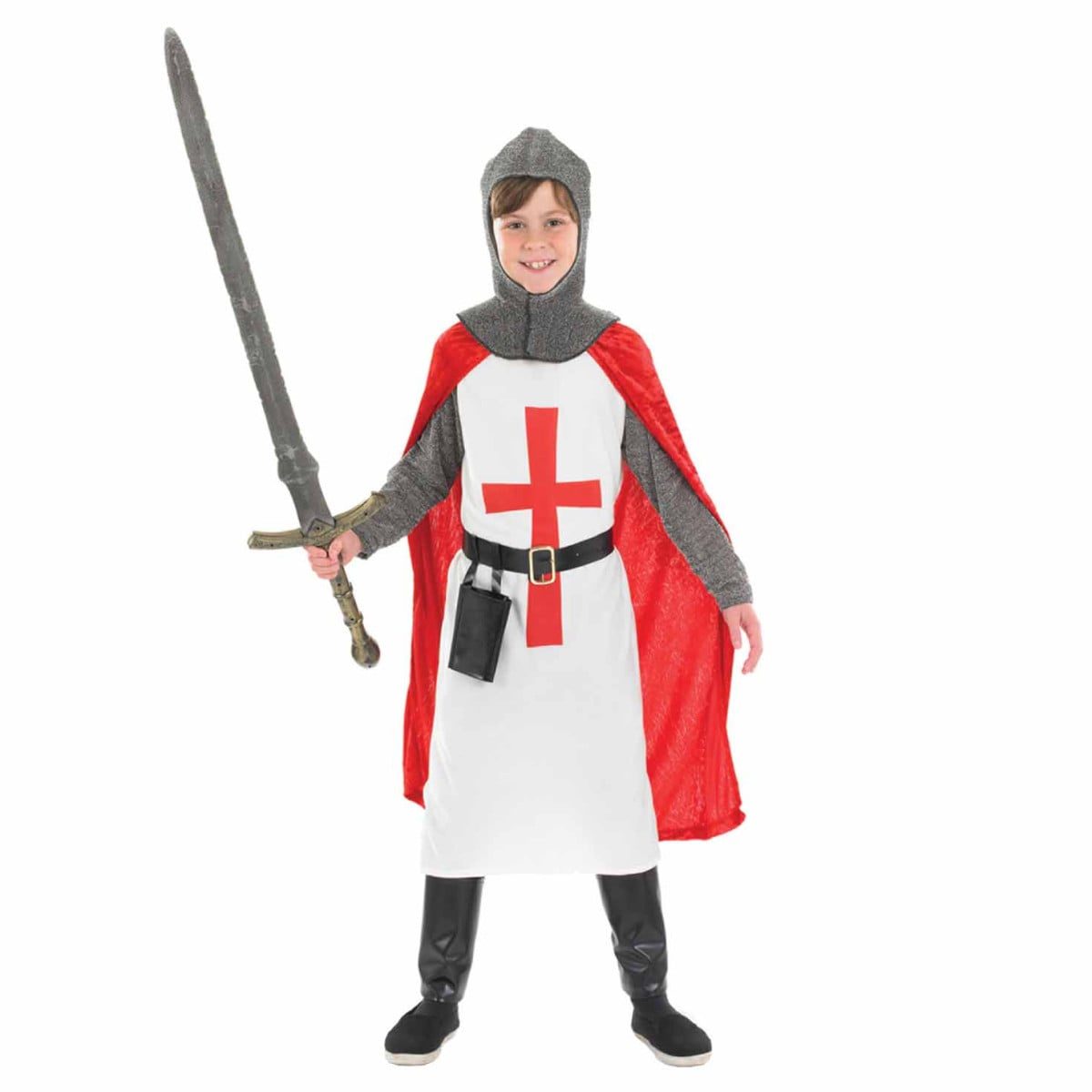 Kids Crusader Knight costume, white tunic with a red cross, grey chainmail-effect sleeves and hood, red cape, black belt and knee-high boot covers