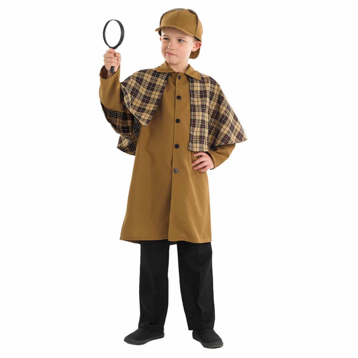 Kids Victorian Detective costume, tan long coat with an attached tartan shoulder cape and a matching deerstalker hat