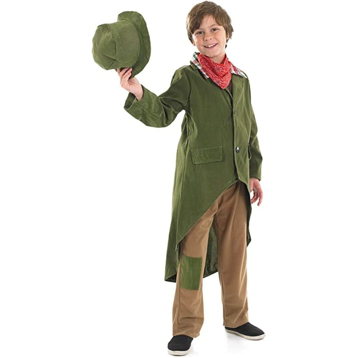 Kids Dickensian Boy costume, olive green tailcoat, tan trousers with a knee patch, red necktie and a soft green hat