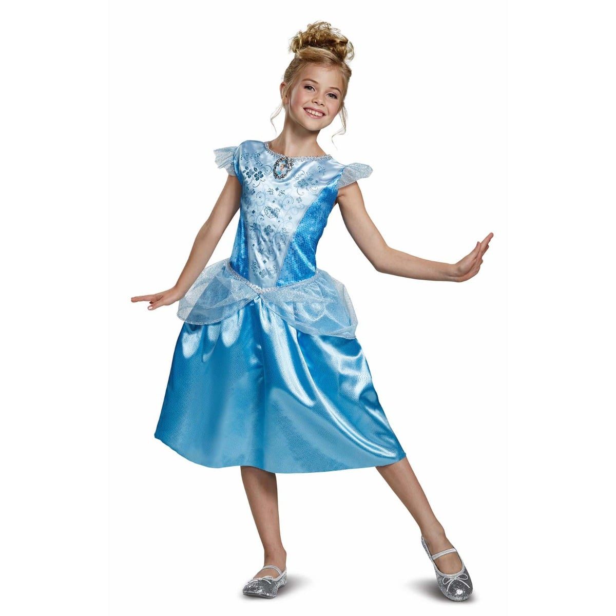 Kids Disney Cinderella costume, ball gown with sequin-edged bodice, character portrait brooch and puffy mesh sleeves