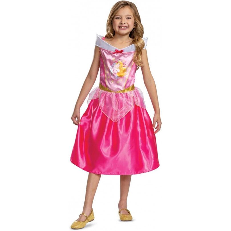 Kids Disney Sleeping Beauty costume, hot pink satin gown with a gold waistband and lilac collar