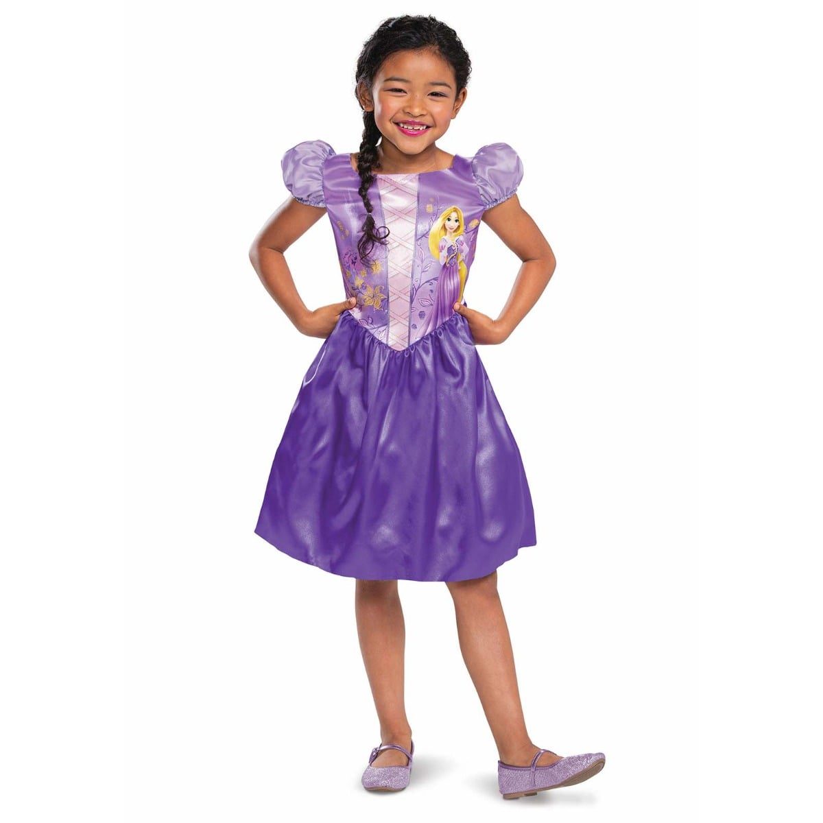 Kids Disney Rapunzel costume, purple dress with puffed sleeves and printed Rapunzel artwork on the bodice