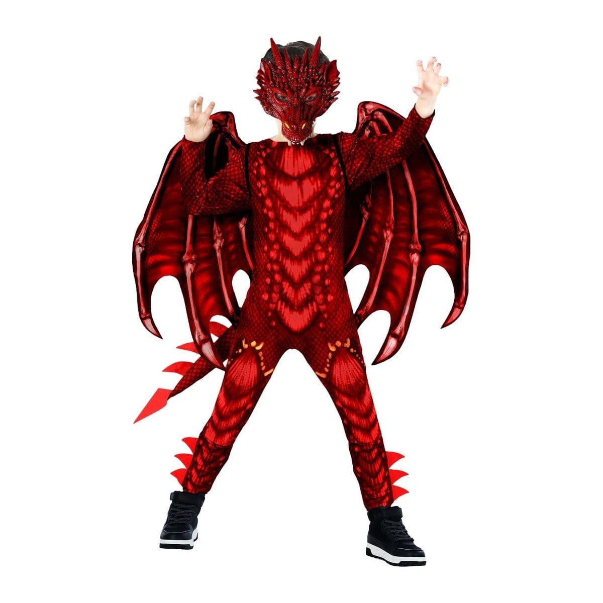 Child in the Kids Dragon Jumpsuit in red, a red scale-print jumpsuit with a spiked half-face dragon mask, large red bat-style wings, a spiked tail and red spike fins on the shins