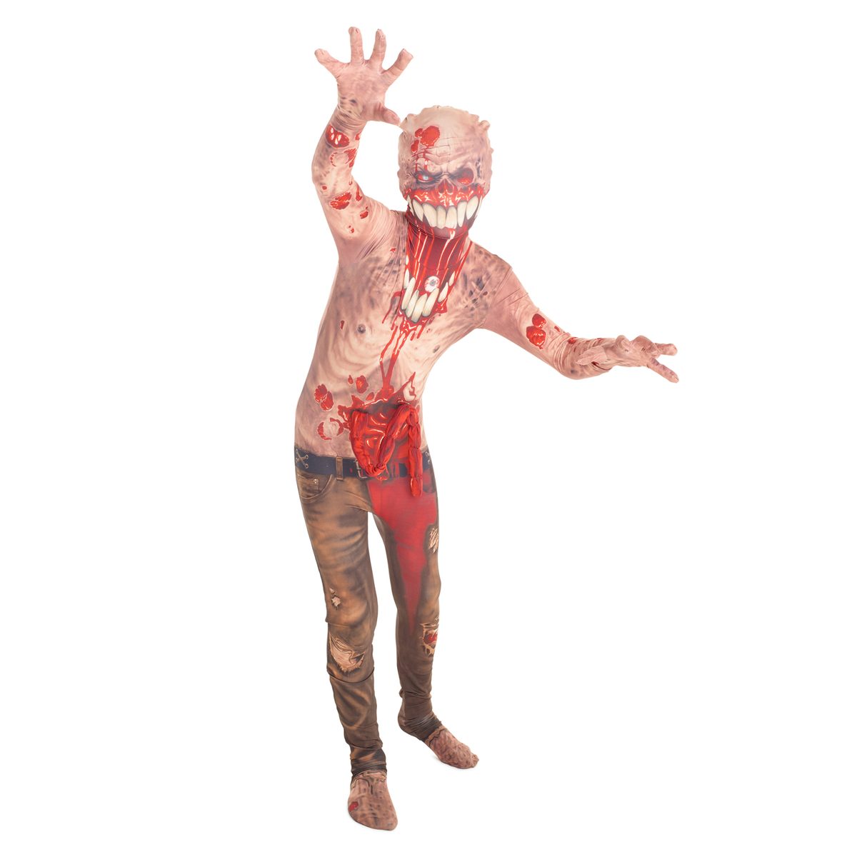 Kids Exploding Guts Zombie Morphsuit, a full-body printed suit with a toothed zombie face on the hood, printed blood down the chest, red guts at the belt, and printed torn brown jeans