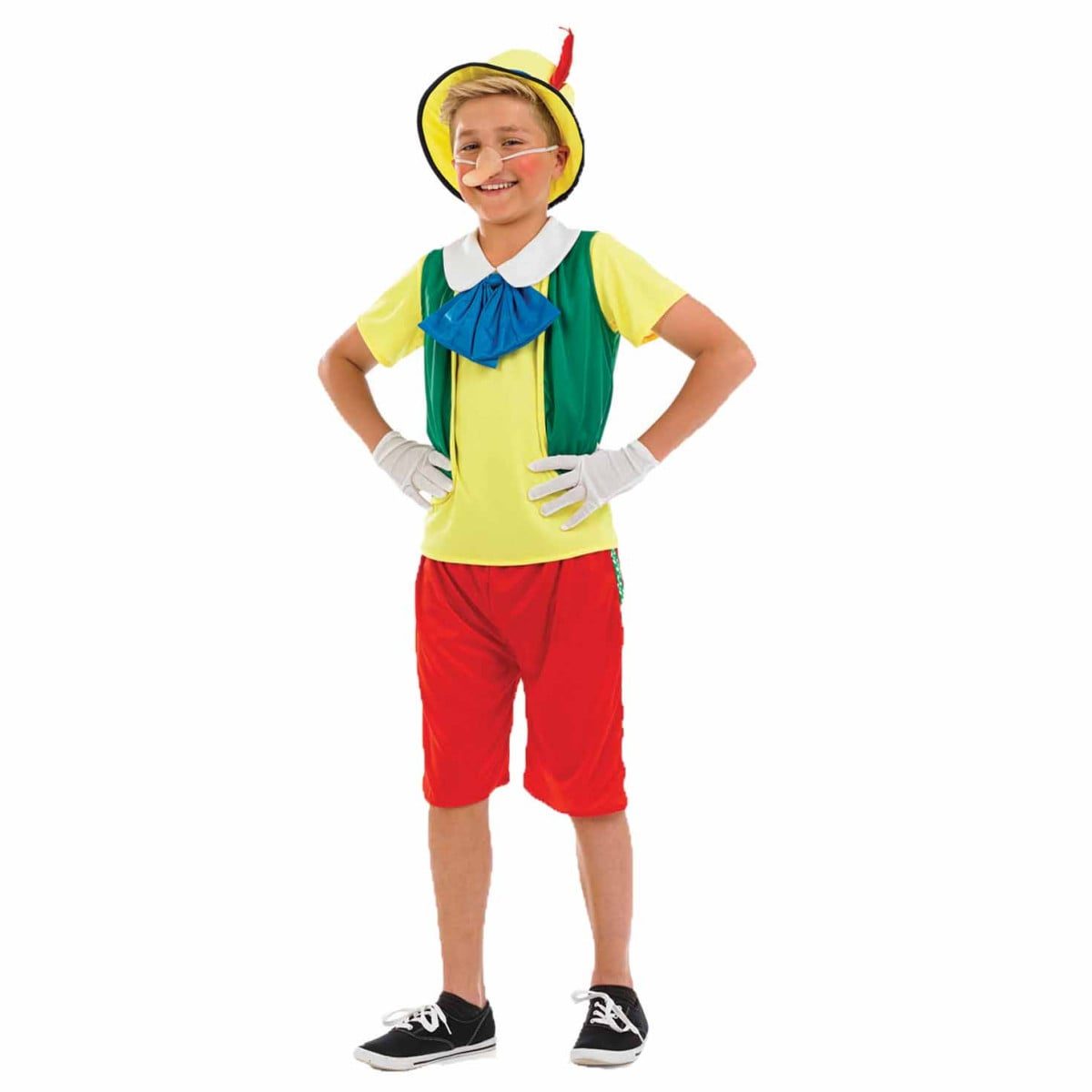 Kids Fairytale Puppet costume, yellow top with green waistcoat and blue bow tie, red shorts, feathered hat and long nose prop