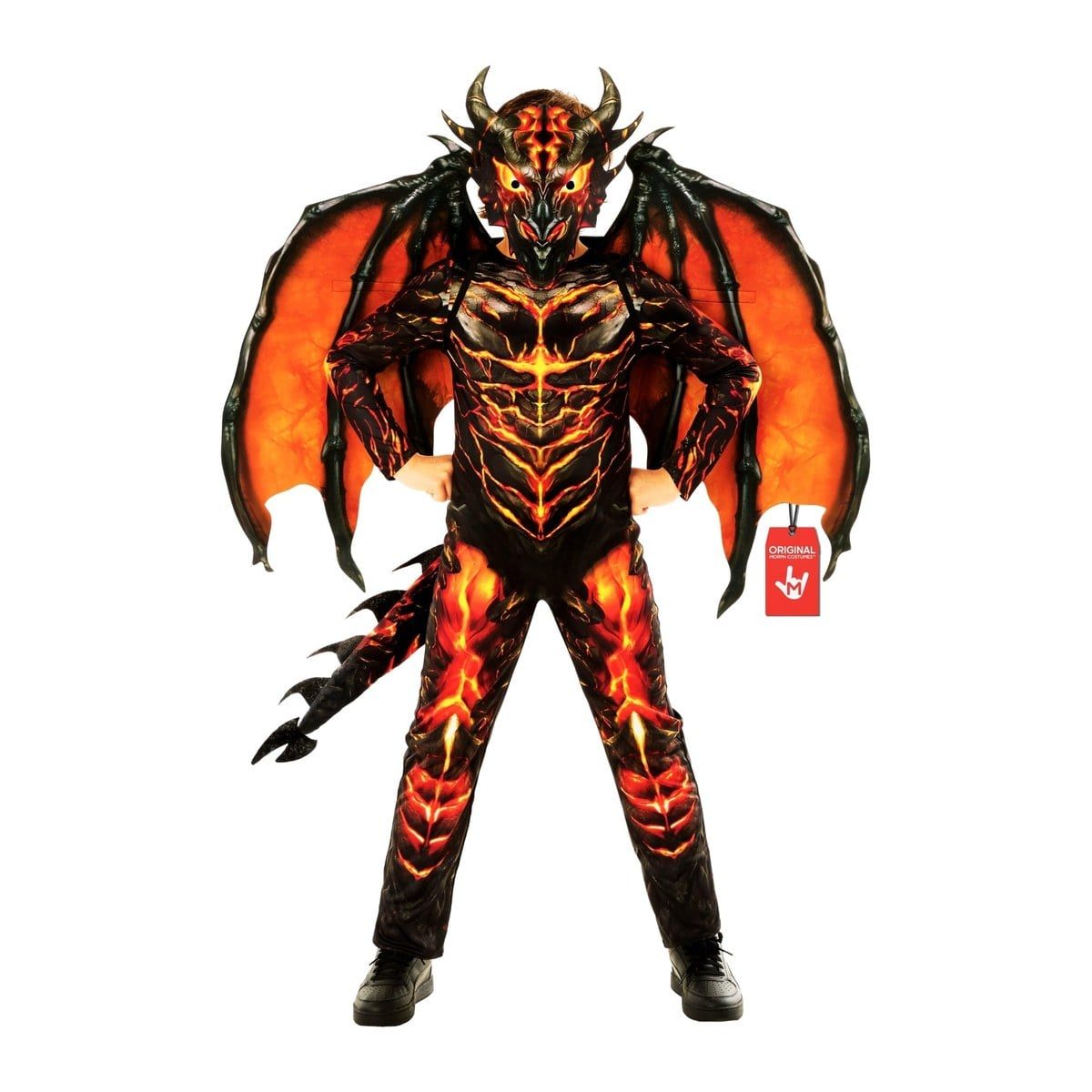 Child in the Kids Lava Dragon costume, a black jumpsuit printed with glowing orange lava cracks, a horned full-face black and orange mask and large black and orange wings