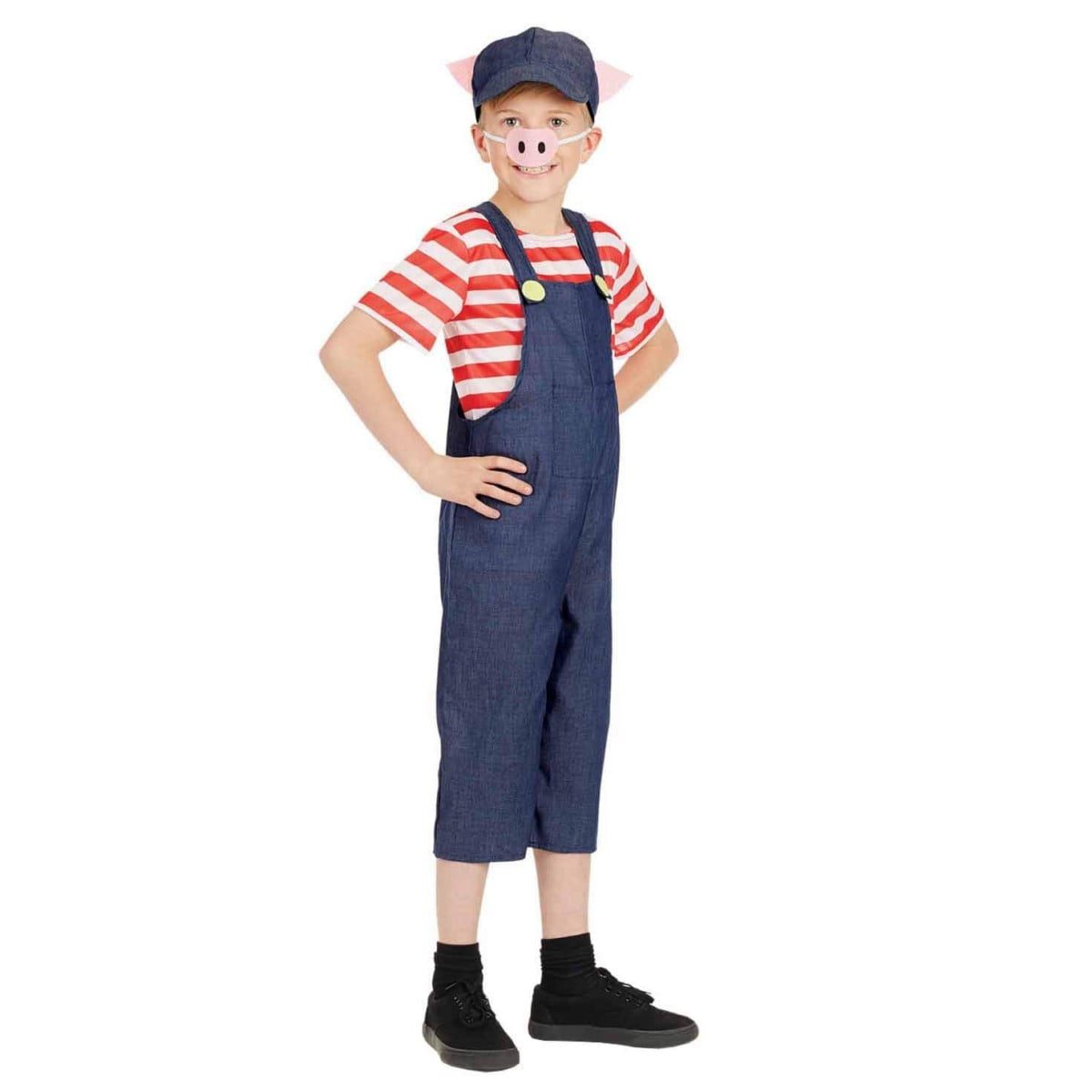 Kids Little Pig costume, navy denim-effect dungarees over a red and white striped top, with a pig nose and a cap with pink ears