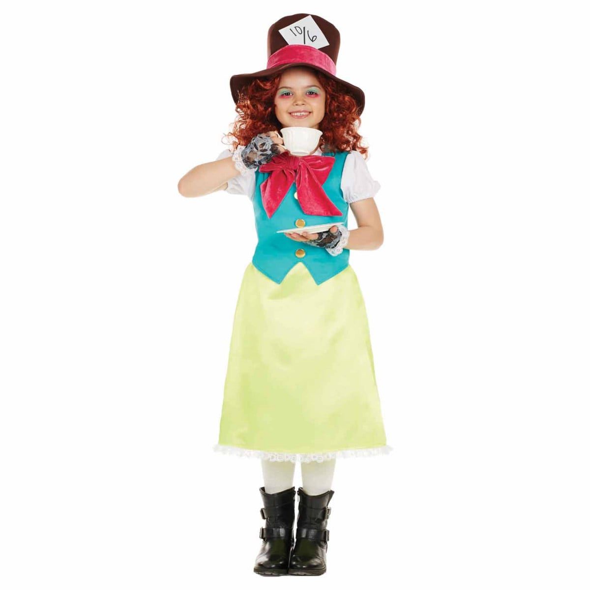 Kids Miss Hatter dress costume, teal and pale green buttoned dress with pink neck bow, ribboned top hat and lace gloves