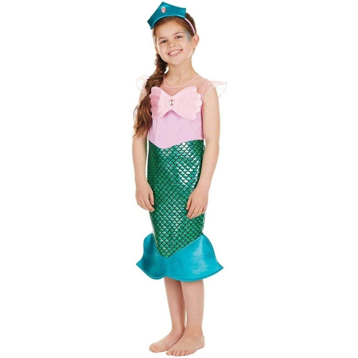 Kids Mermaid Fishtail Dress costume, pale pink bodice with mesh sleeves, green metallic scale-print skirt with a teal fishtail hem and a jewelled headband