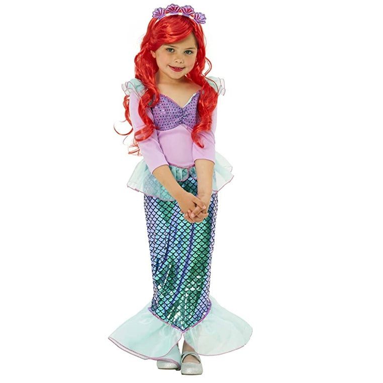 Kids mermaid costume, holographic scale dress with mesh fishtail, curly red wig and metallic shell headband