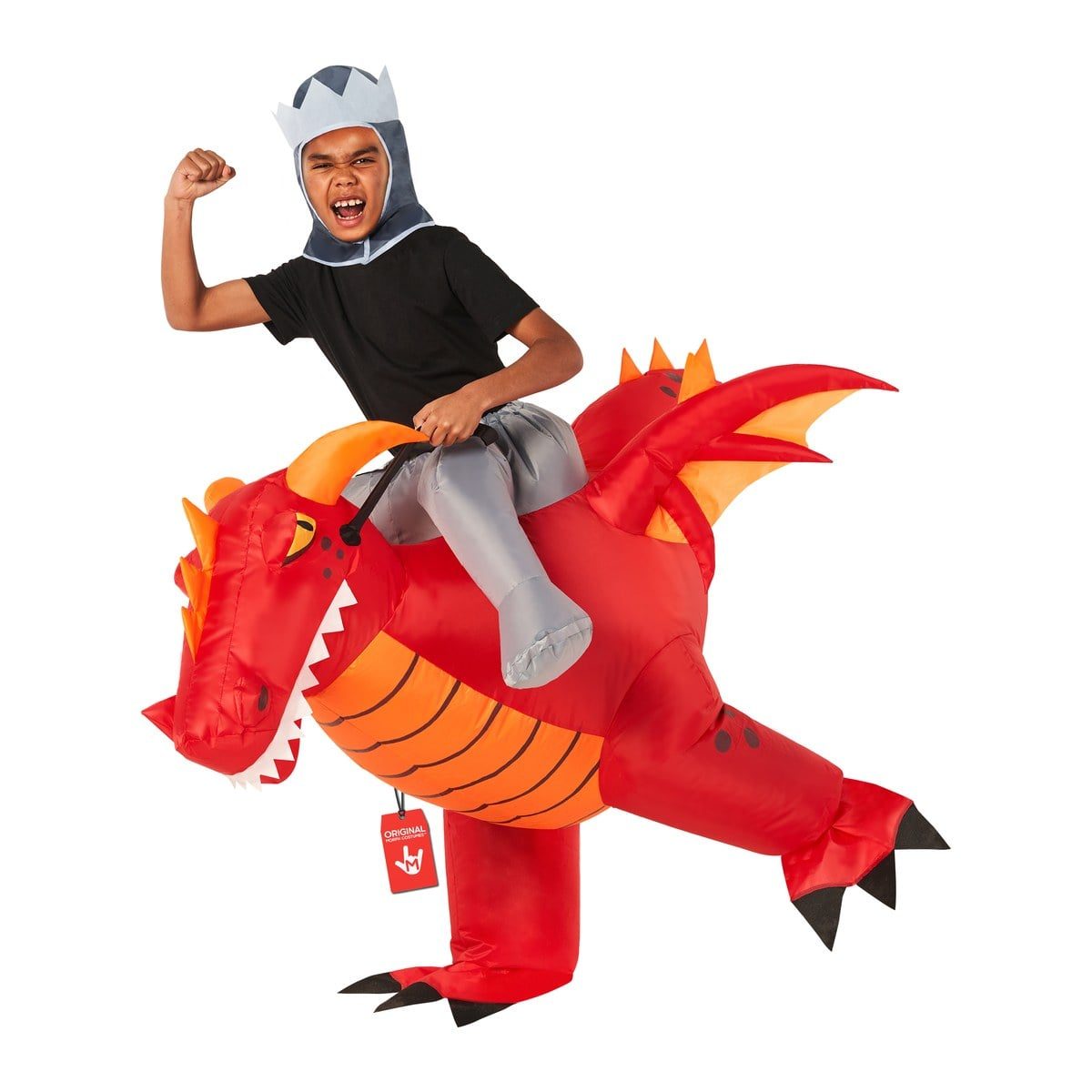 Child riding the Kids Red Dragon Ride On inflatable, a red dragon with an orange belly, horns and wings, wearing a grey hooded knight hat with a crown band