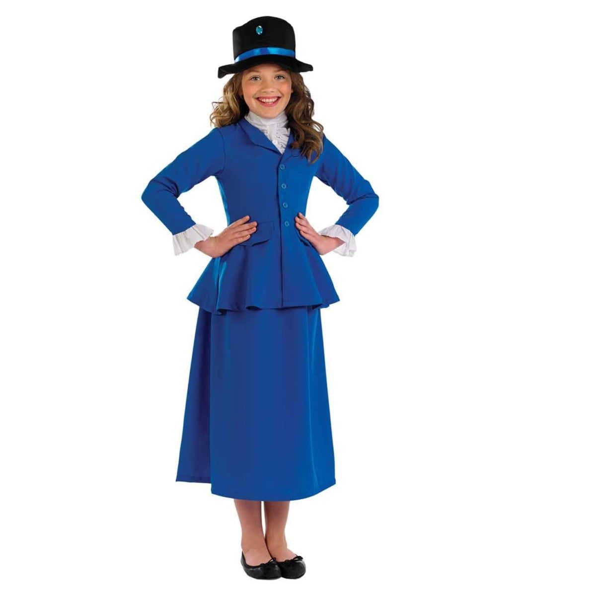 Kids Storybook Nanny costume, bright blue skirt and jacket with white ruffle shirt insert and hat