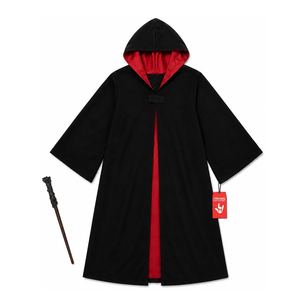 Kids Wizard Cape Costume with Wand, a black hooded cape with a red satin lining and a front opening, laid out with a dark wood-effect magic wand