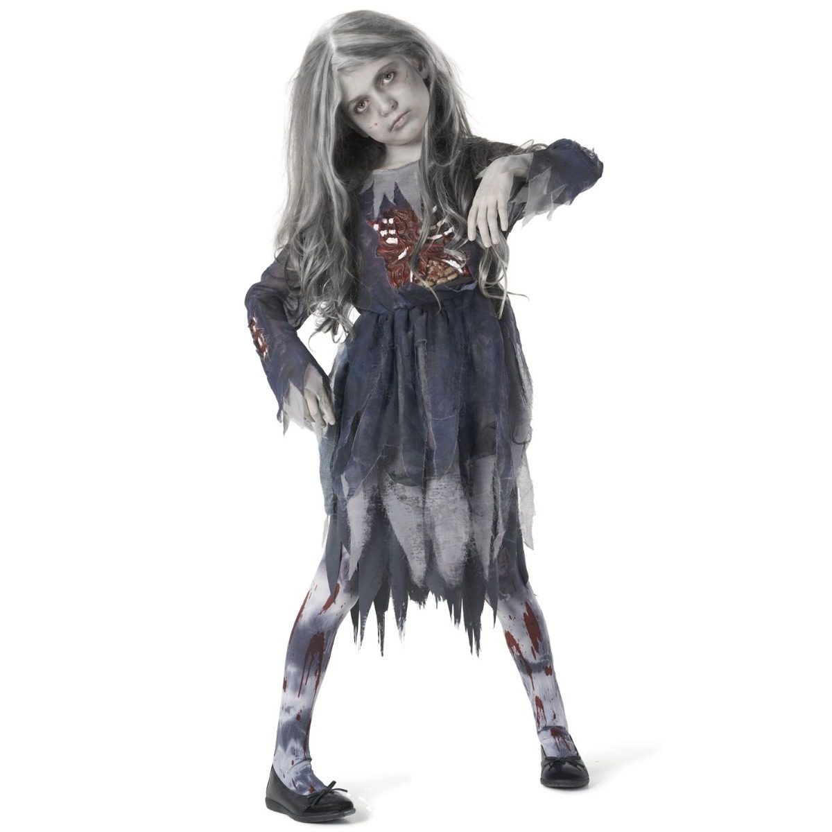 Kids Zombie Girl Costume, a slate blue-grey layered ragged dress with a jagged knee-length hem, tattered cuffs, and a printed ribcage on the chest