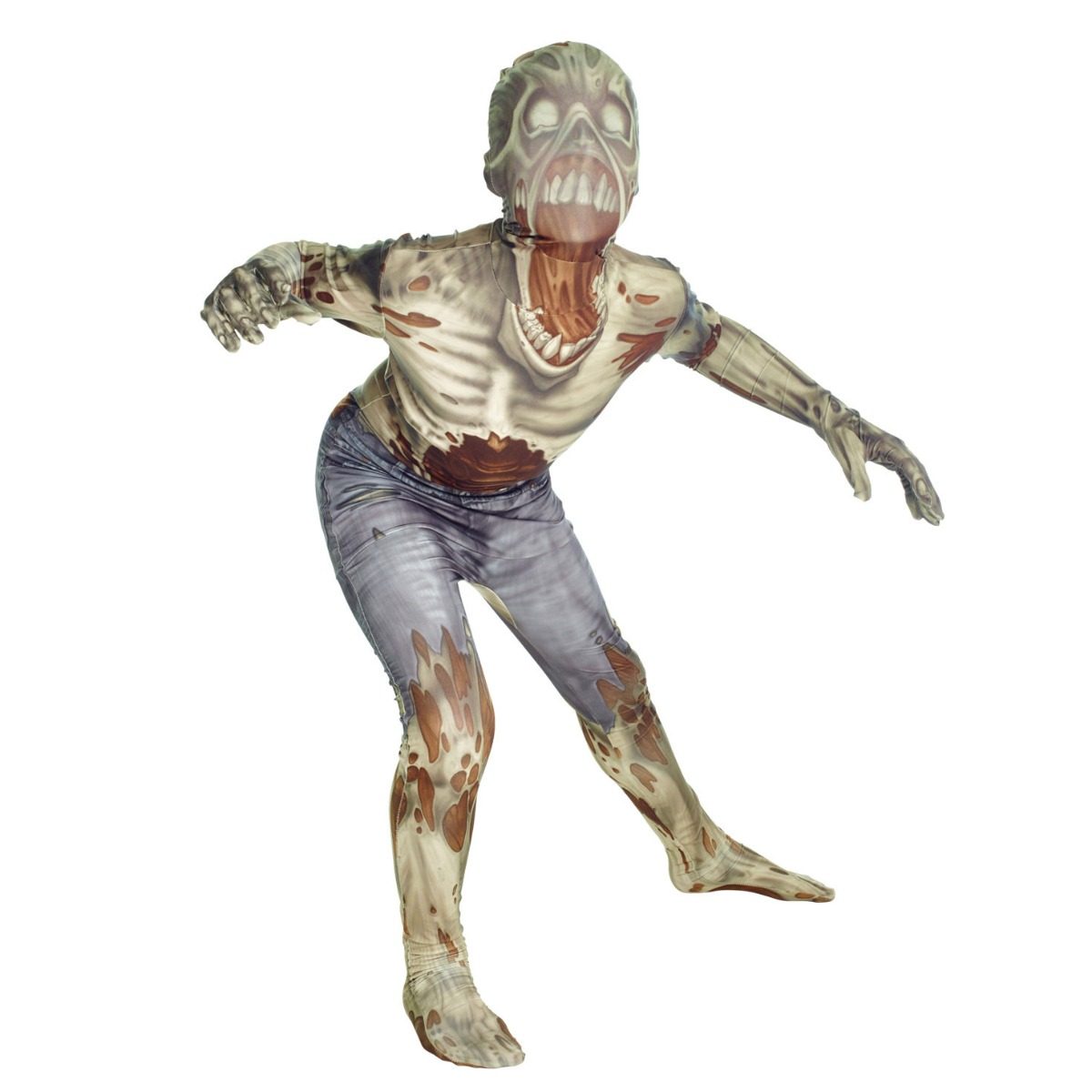 Kids The Zombie Morphsuit, a full-body printed suit with a grey-green zombie face on the hood, printed ribs, and printed torn grey jeans, worn by a child in a lunging pose