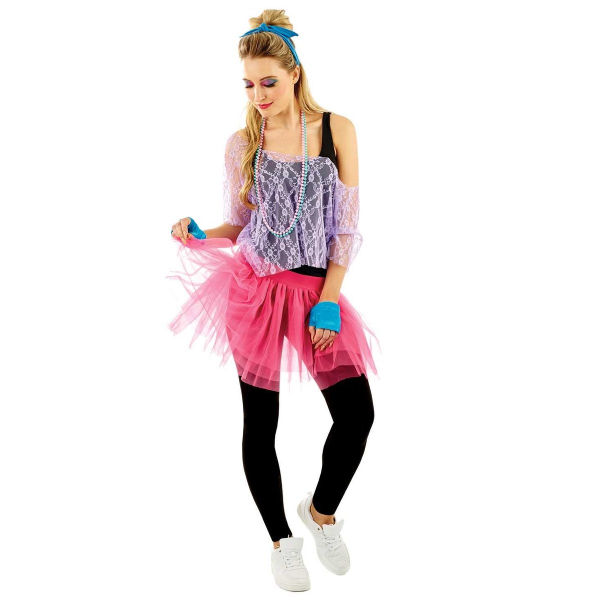 Womens 80s lace tutu fancy dress costume with tutu skirt, gloves and headband
