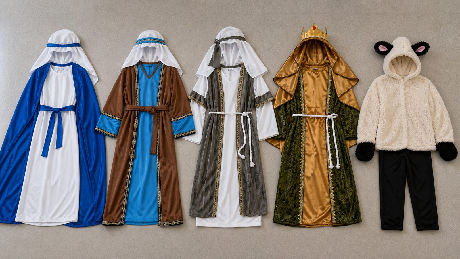 Flat-lay of five nativity costumes laid out side by side: a white and blue Mary dress, a brown and blue Joseph tunic, a grey striped shepherd tabard, a gold wise man robe with crown, and a cream fleece sheep jacket