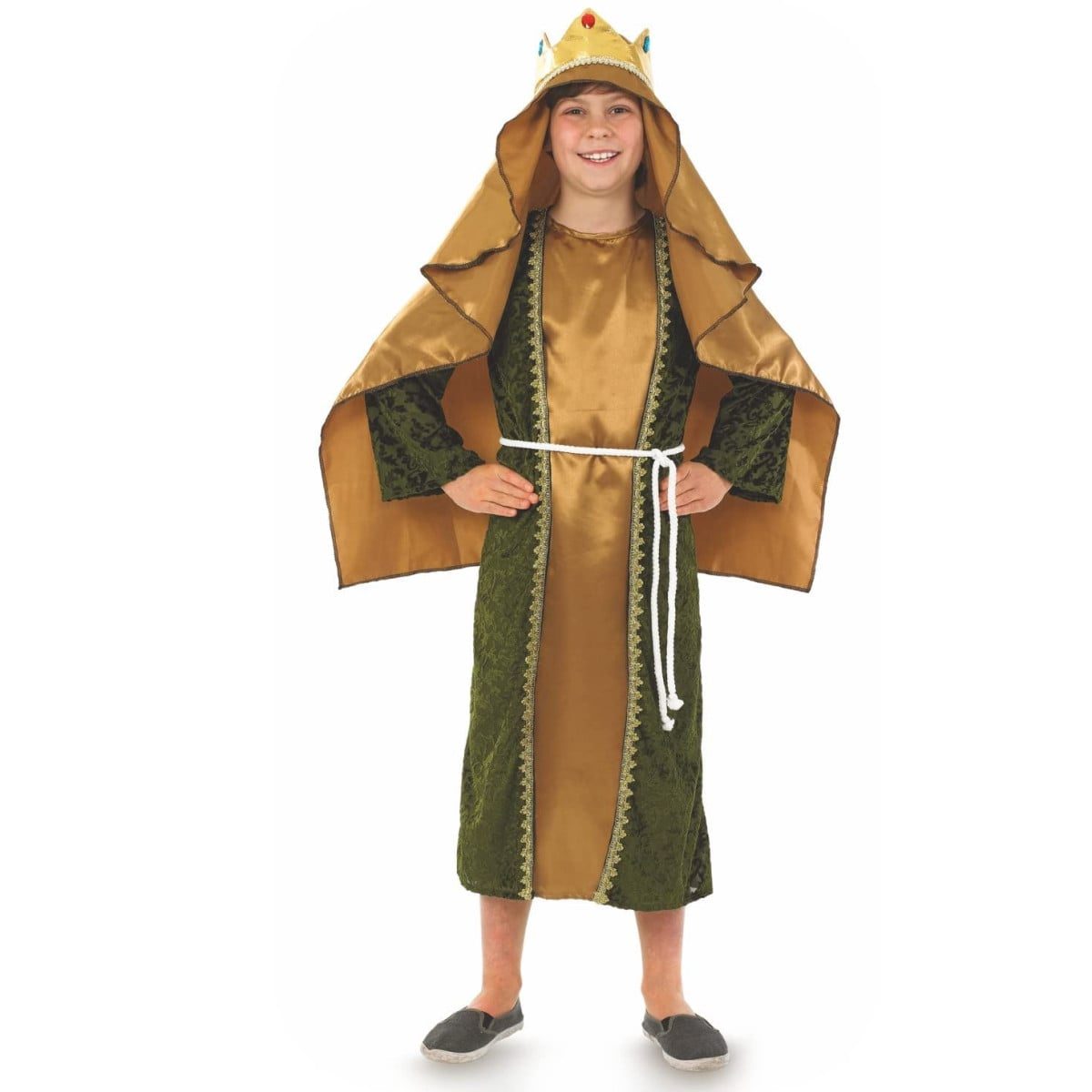 Kids Nativity Gold Wise Man Costume: floor-length gold satin robe with an olive green trimmed overlay and bell sleeves, a white rope belt, a gold satin cape-hood, and a moulded gold crown set with red and blue jewel-effect accents