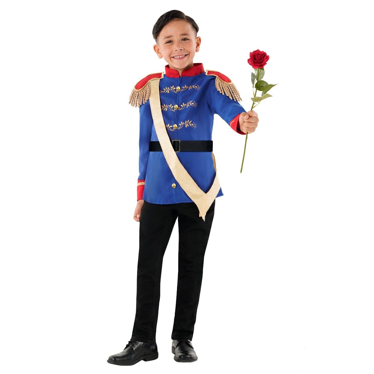 Kids Fairytale Prince Charming costume, royal blue jacket with gold detailing, red epaulettes and gold sash