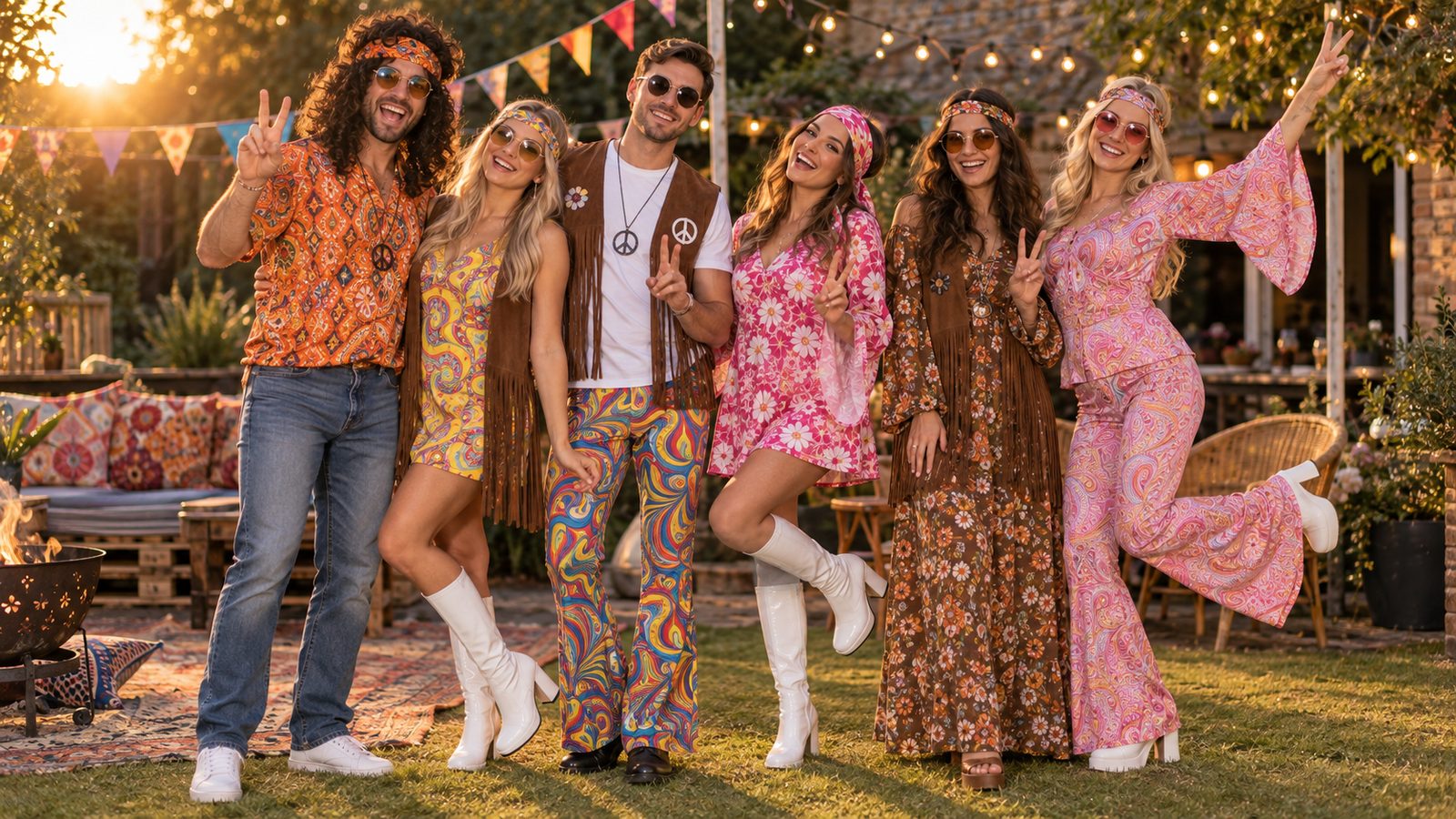 A crowd of six people in 60s hippie fancy dress with flared trousers, fringed waistcoats, floral dresses and headbands