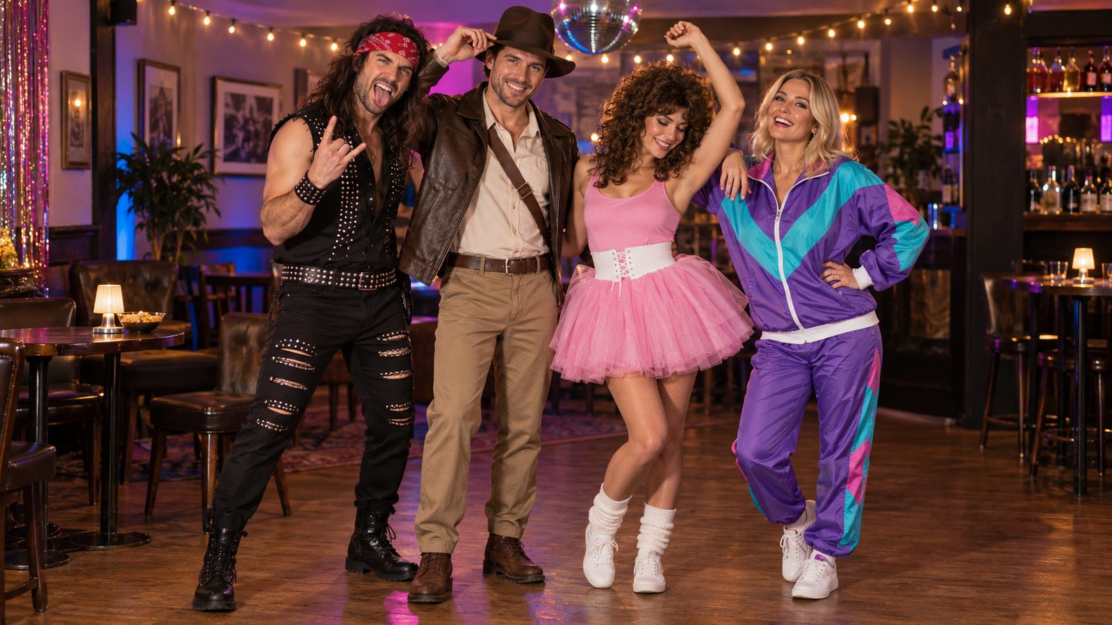 Four friends in 80s fancy dress: a hair metal rocker, an adventurer in a leather-look jacket, a pink dance dress with curly wig and a purple shell suit