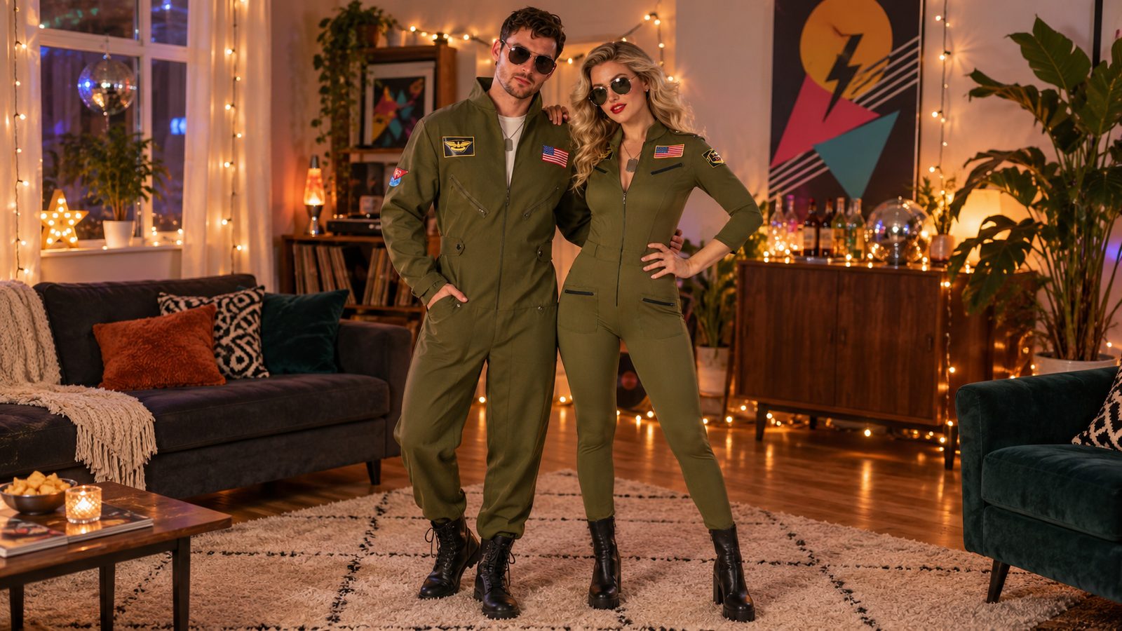 A couple in matching olive green 80s flight suit fancy dress with aviator sunglasses and dog tags