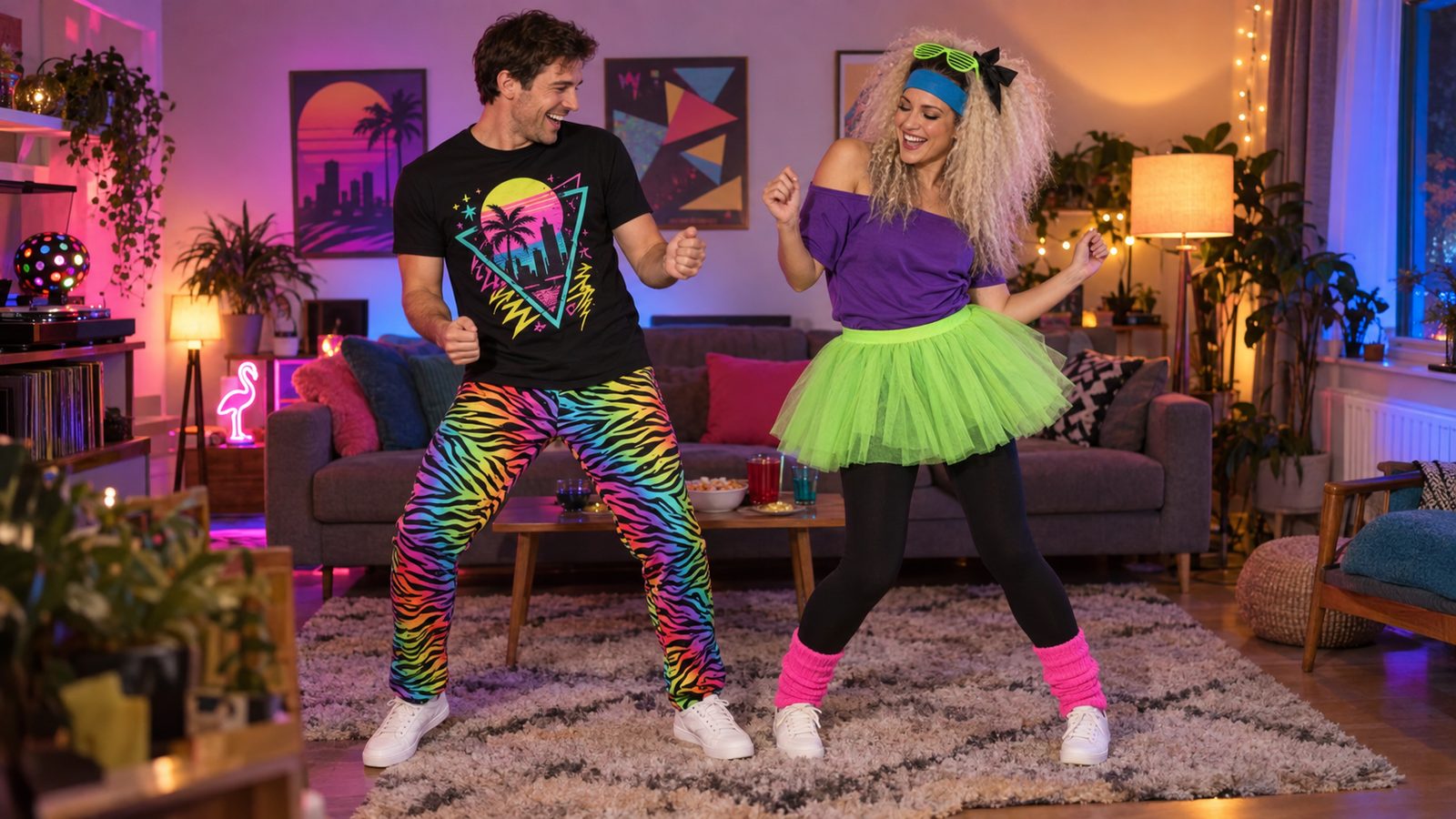 A couple in 80s neon fancy dress, rainbow zebra-print trousers with a graphic tee and a green tutu with leg warmers and a crimped wig