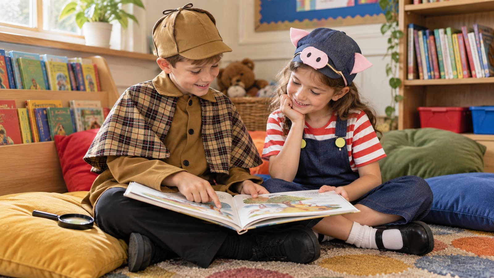 Two children in storybook costumes sharing a book in a school reading corner, one in a tan detective coat and deerstalker, one in pig ears and dungarees